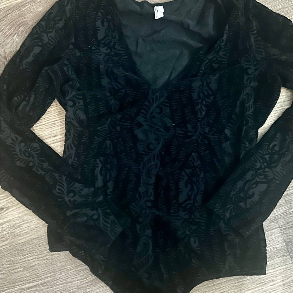 Free People Black Textured Long Sleeve Blouse L stylish velvet feel